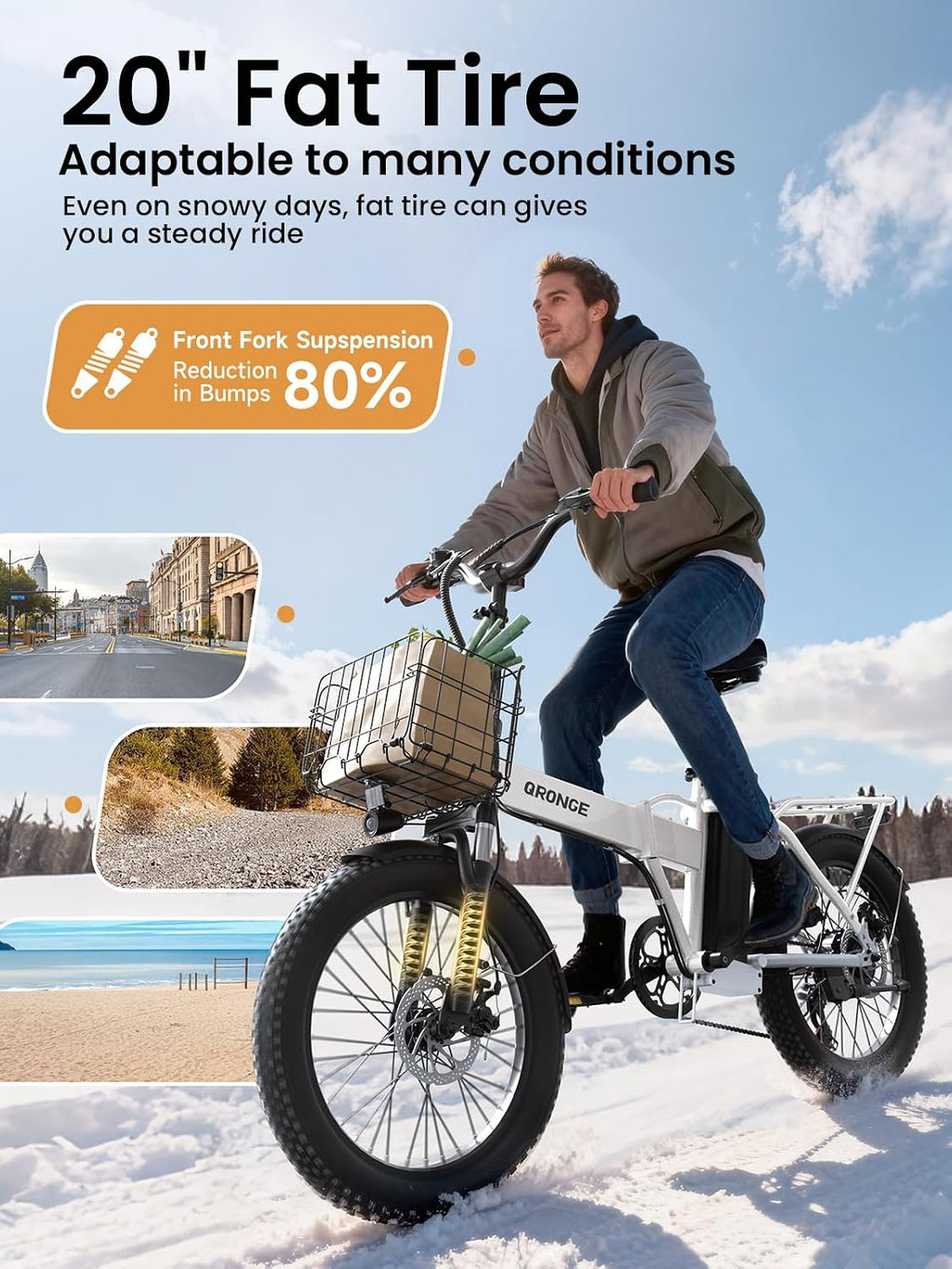 QRONGE Folding Electric Bike, E-Bike Foldable 1000W Peak, 48V 13.5AH Removable Battery Ebike, 20' Fat Tire, 70 Max Miles Range, 28maxMPH, Electric Bike for Adults, Adult Electric Bicycles for Commute