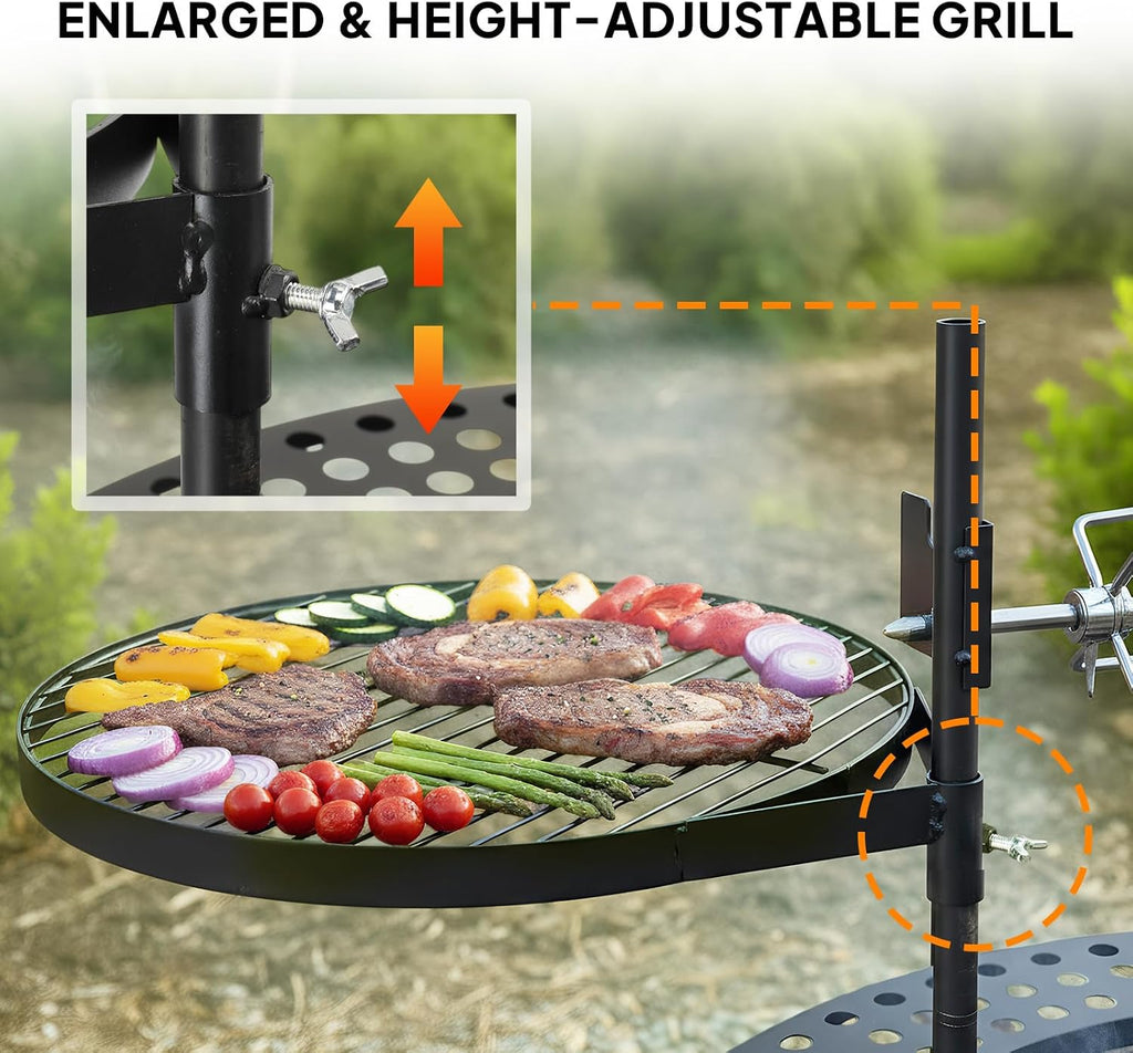 ROVSUN Upgrated 33'' Outdoor Fire Pit with 2 Grills, Grill with Side Shelves, Wood Burning Round Firepit with Swivel Cooking Grate, Removable Swivel Grill for Backyard, Patio, Picnic, BBQ and Parties