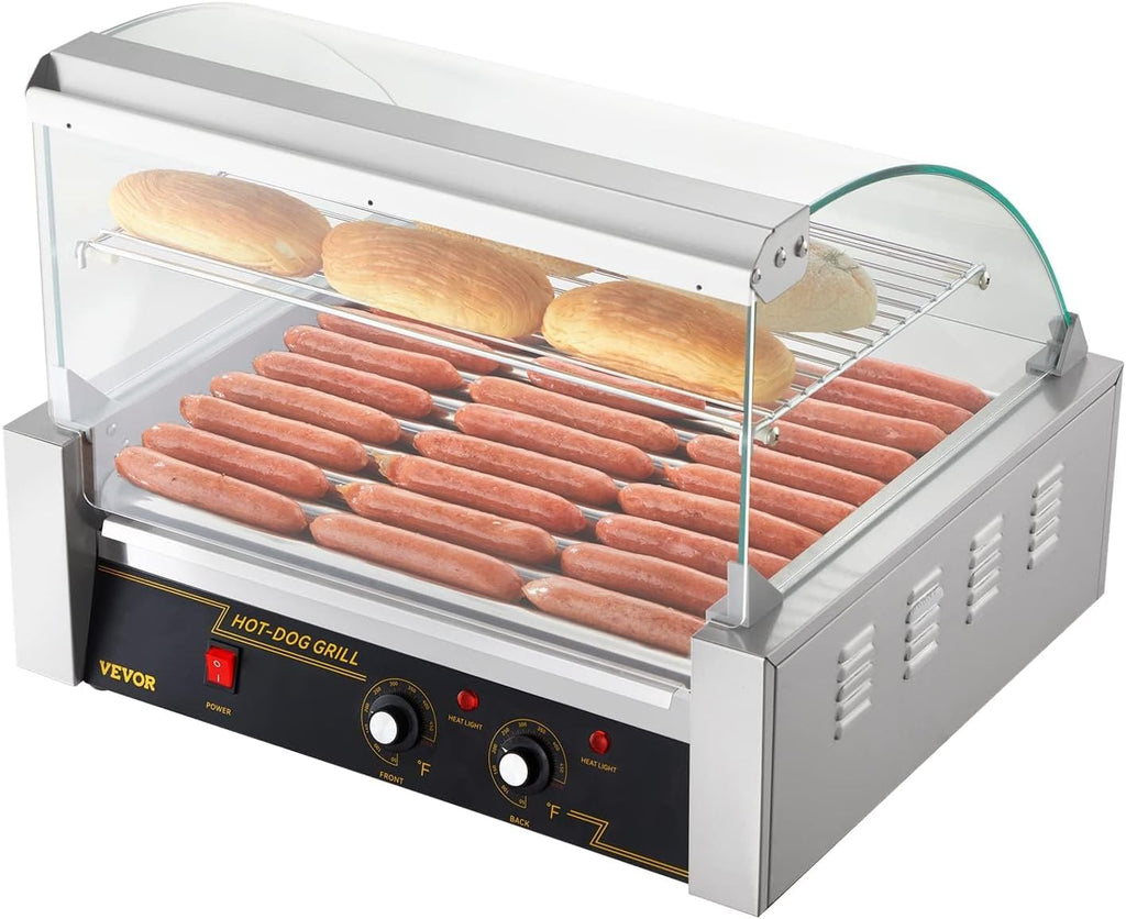 VEVOR Hot Dog Roller, 30 Hot Dog Capacity 11 Rollers, 1800W Stainless Steel Cook Warmer Machine w/Cover & Dual Temp Control, LED Light & Detachable Drip Tray, Sausage Grill Cooker for Kitchen Canteen