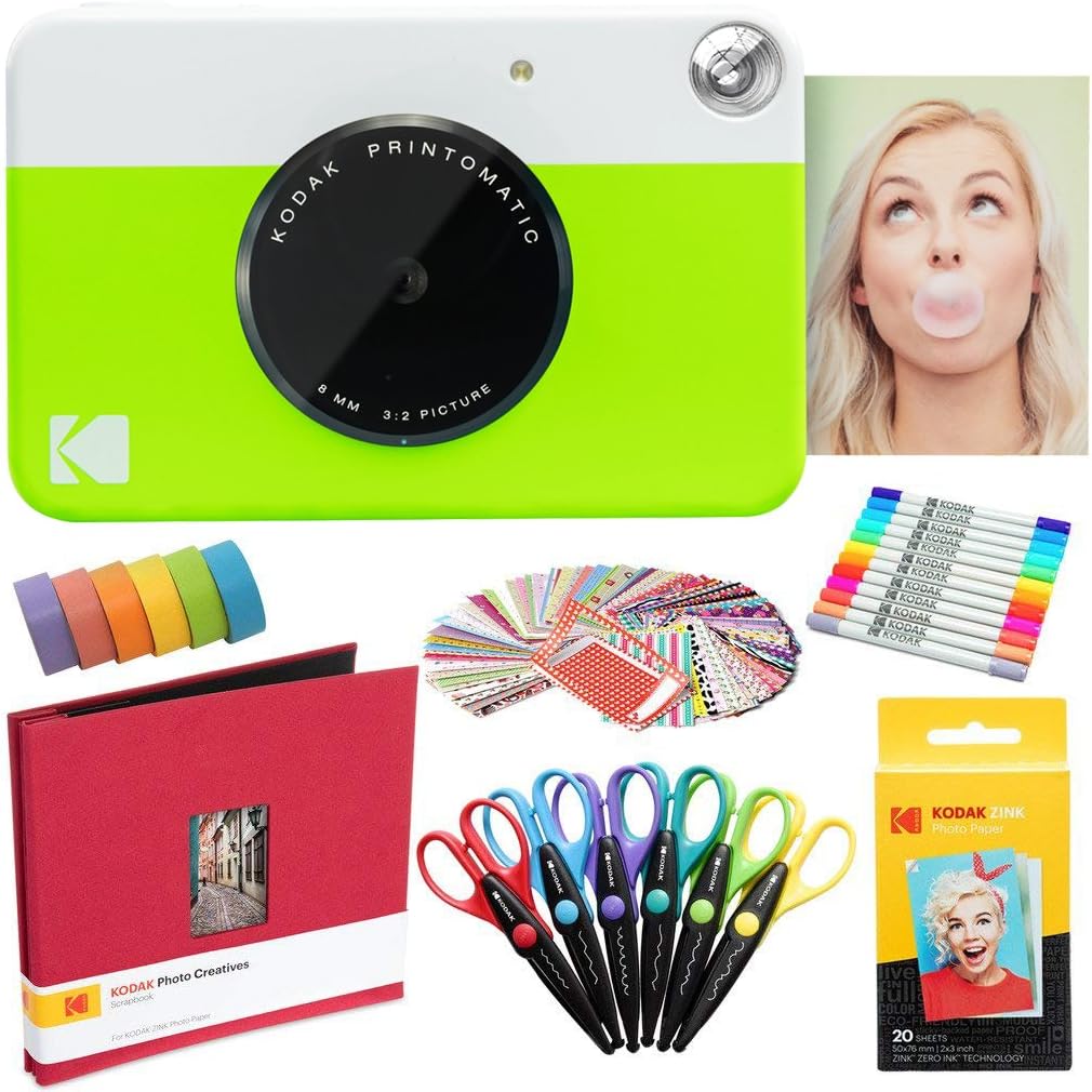 Kodak Printomatic Instant Camera (Green) Art Bundle + Zink Paper (20 Sheets) + 8x8 Cloth Scrapbook + 12 Twin Tip Markers + 100 Border Stickers + 6 Decorative Scissors + Washi Tape