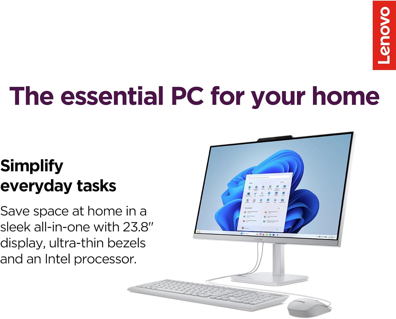 Lenovo IdeaCentre Everyday Tasks 24' Full HD All-in-One Desktop Computer • Office 365 for the Web • Intel 4-Cores • 256GB SSD • 8GB RAM • KB and Mouse • Windows 11
