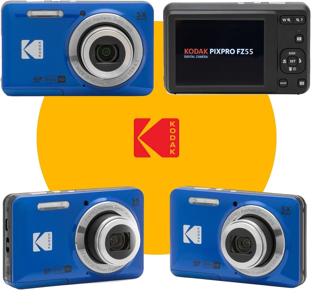 KODAK PIXPRO FZ55 16MP Digital Point & Shoot Camera, 5X Optical Zoom, 28mm Wide Angle, 1080P Full HD Video, Bundle with 32GB SD Card, Protective Case, and Hi-Speed Card Reader (Blue)