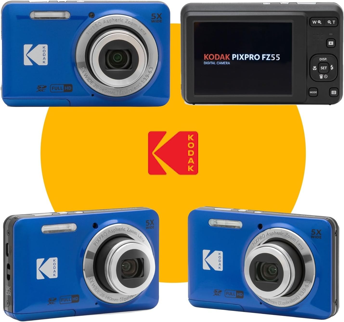 KODAK PIXPRO FZ55 16MP Digital Point & Shoot Camera, 5X Optical Zoom, 28mm Wide Angle, 1080P Full HD Video, Bundle with 32GB SD Card, Protective Case, and Hi-Speed Card Reader (Blue)