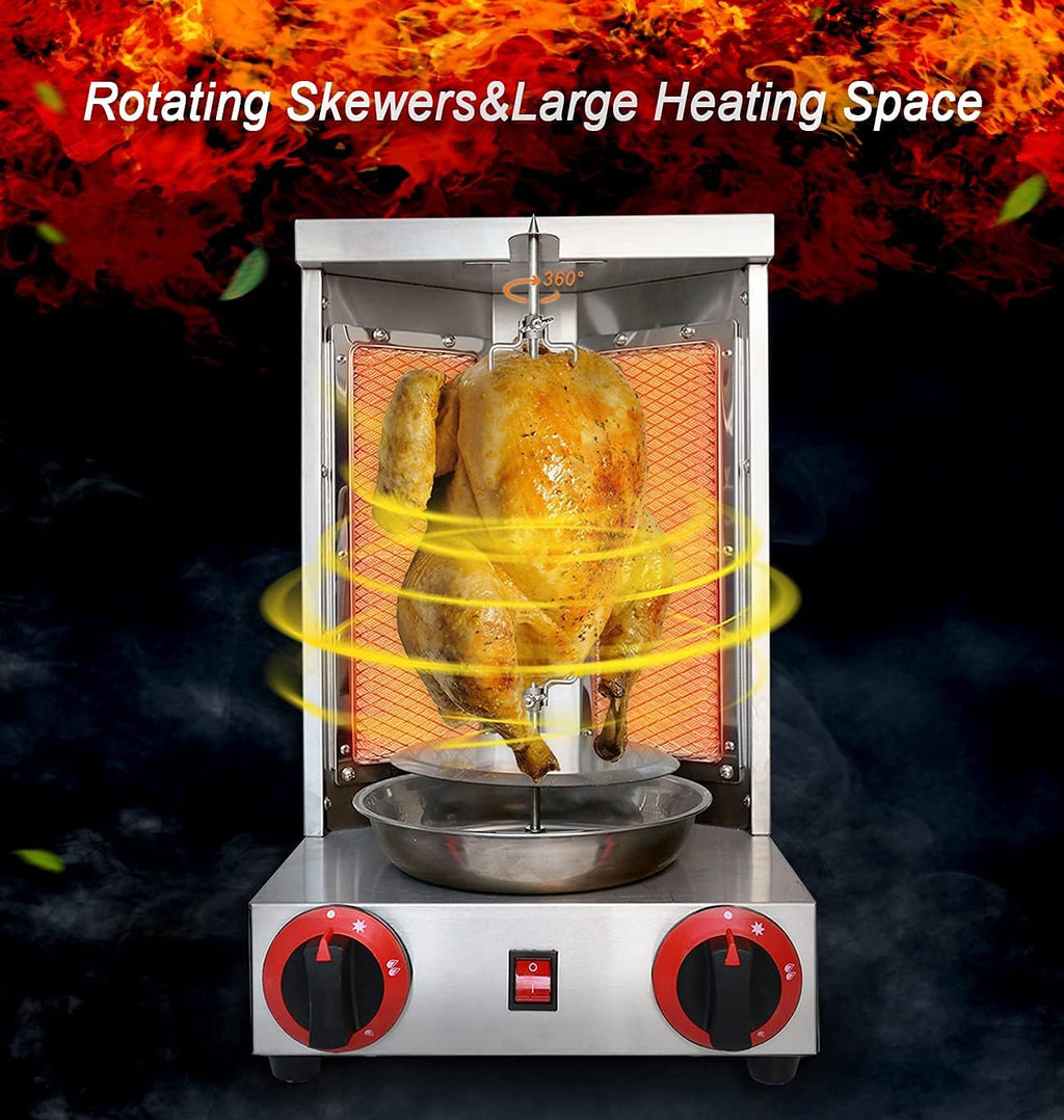 Shawarma Grill Doner Kebab Machine Gas Gyro broilers Rotating Home Vertical Rotisserie with 2 Burners 110V for Chicken Roast,Turkey Roast,Tacos,Roast,（Registered Design Patent）