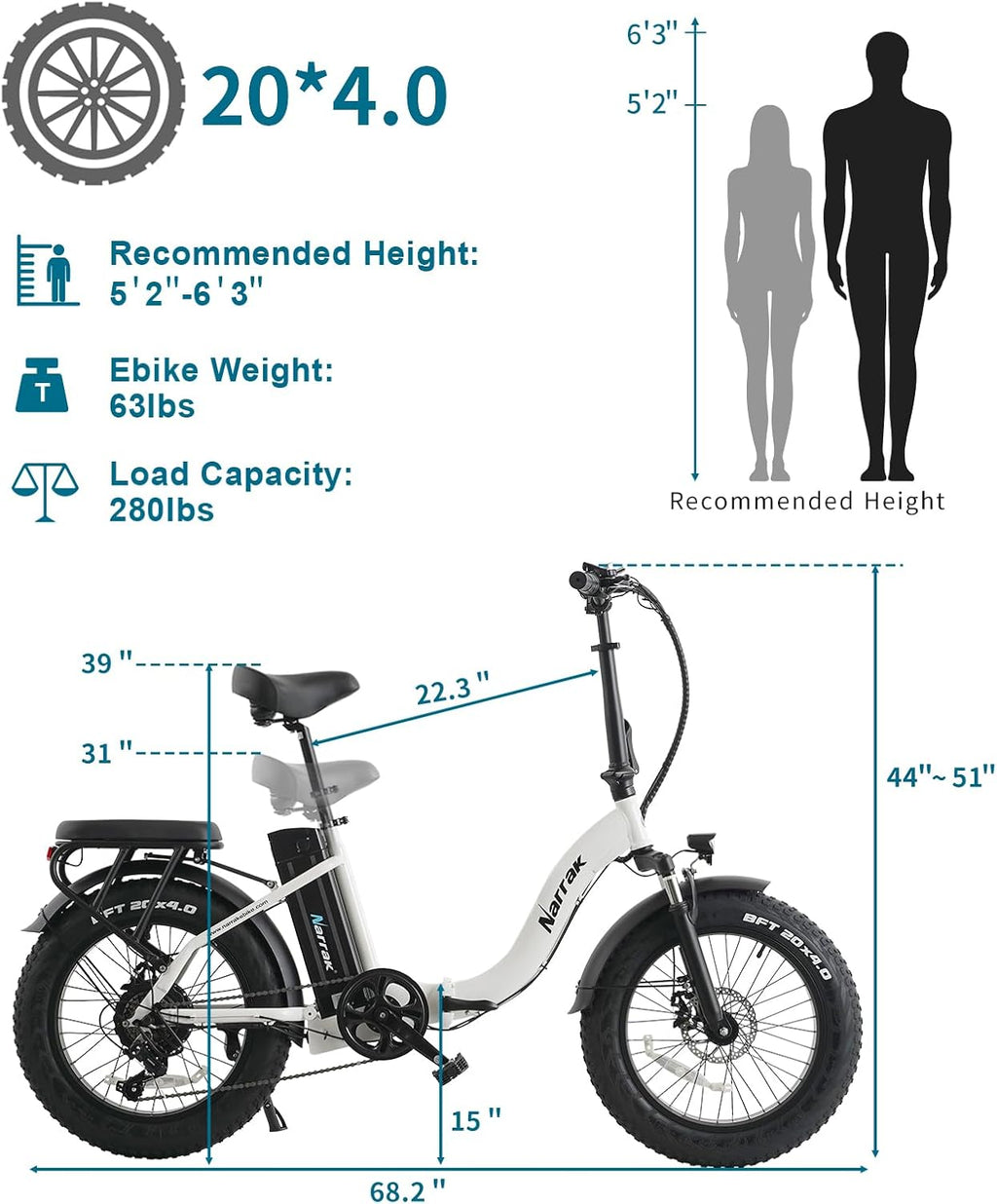 NARRAK Fat Tire Folding Electric Bike, 48V & 624Wh Lithium Removable Battery, Peak 1100W Brushless Motor, Max Speed 20Mph, M5 Large LCD Display, Suspension, Step-Over/Thru Frame