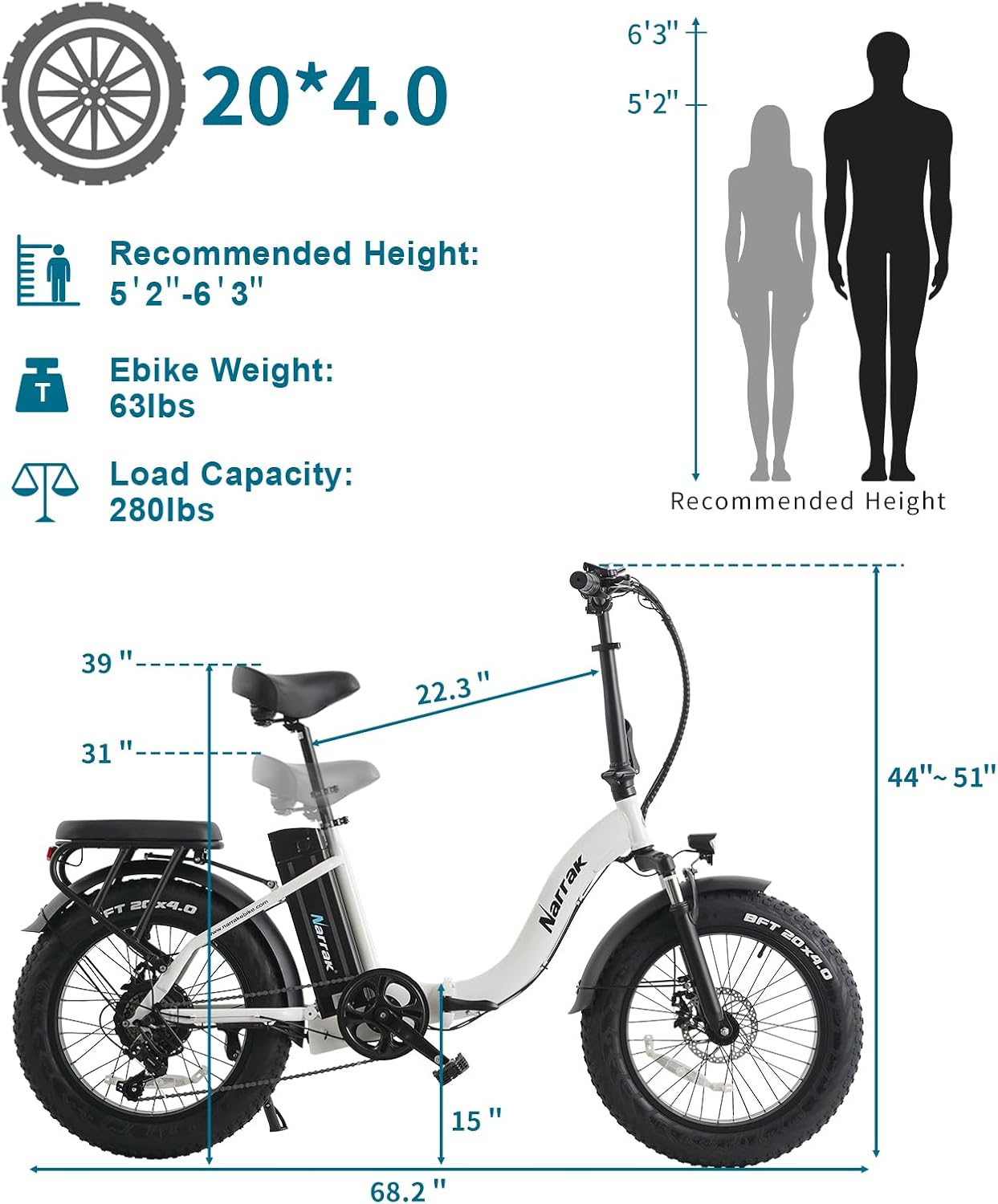 NARRAK Fat Tire Folding Electric Bike, 48V & 624Wh Lithium Removable Battery, Peak 1100W Brushless Motor, Max Speed 20Mph, M5 Large LCD Display, Suspension, Step-Over/Thru Frame