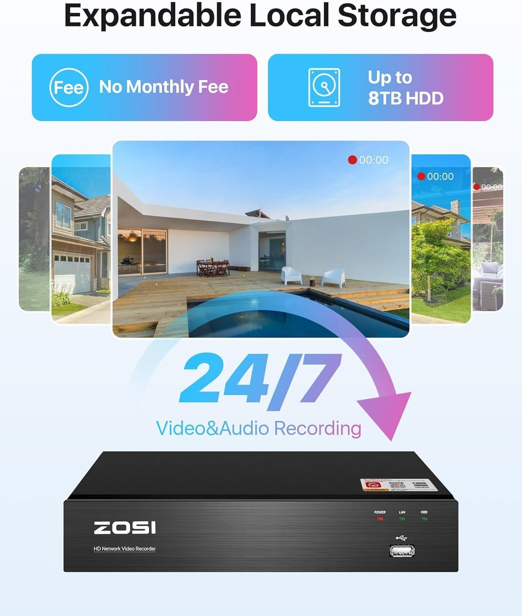 ZOSI 8CH PoE Home Security Camera System Outdoor Indoor,H.265+ 4K 8MP 8-Channel NVR System with 2TB HDD,4pcs 5MP PoE IP Surveillance Dome Cameras with 100ft Night Vision,Motion Alert,Remote Access