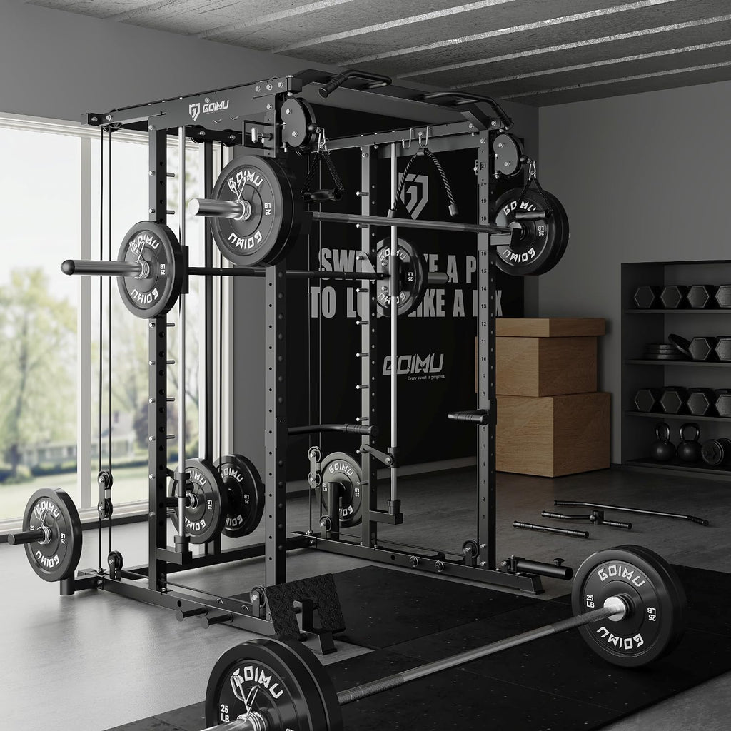 S1-V4 Smith Machine, 2000LBS Power Cage with Cable Crossover System, All-in-One Squat Rack with Smith Bar, Strength Training Equipment for Hone Gym