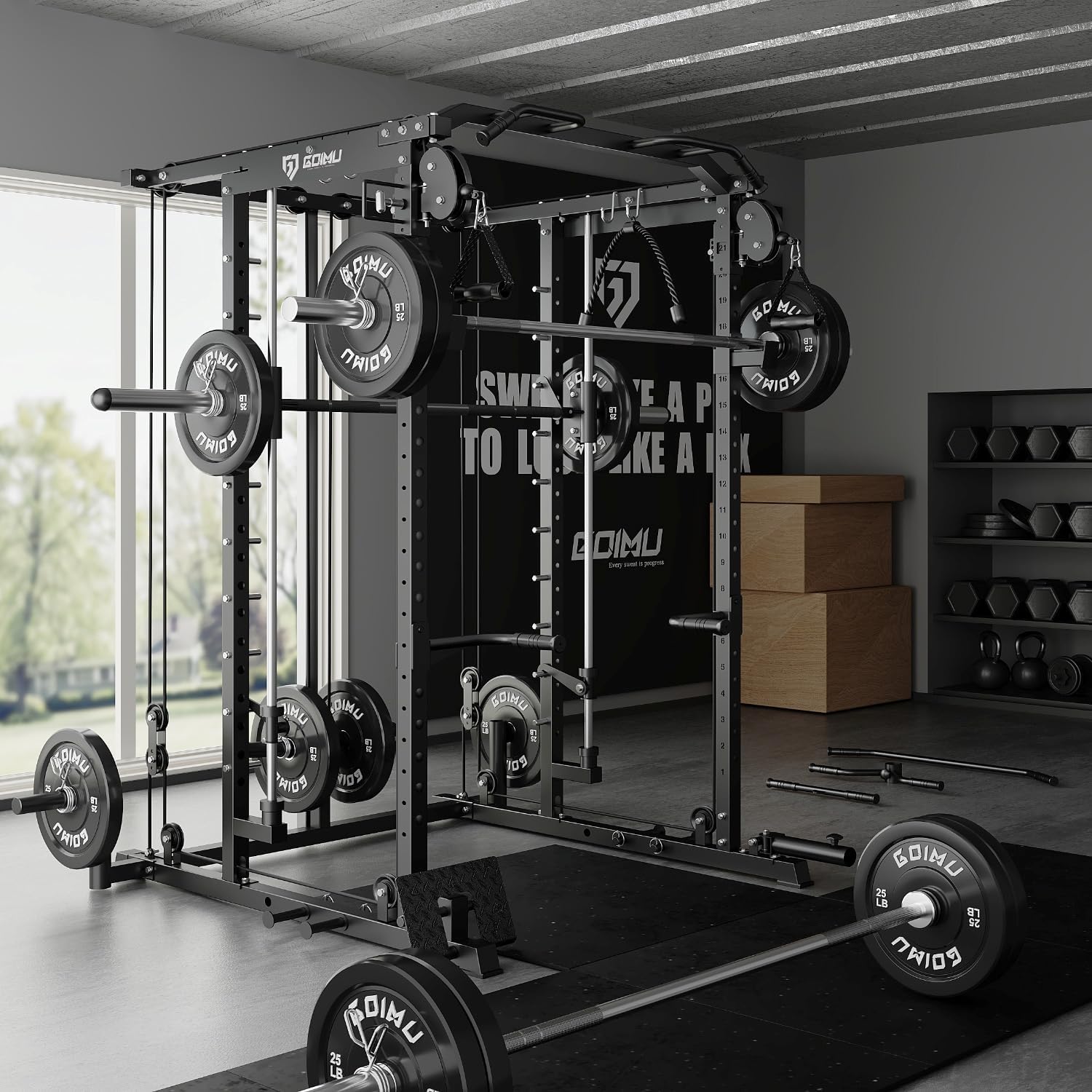 S1-V4 Smith Machine, 2000LBS Power Cage with Cable Crossover System, All-in-One Squat Rack with Smith Bar, Strength Training Equipment for Hone Gym