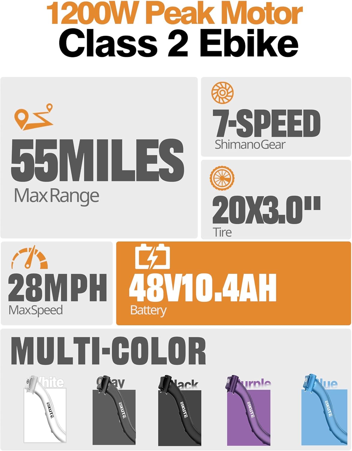 ESKUTE Electric Bike for Adults – 1200W Peak Motor, Folding 20x3 Fat Tire E‑Bike, 48V 10.4Ah Battery, Step‑Through Cargo Fold Ebike, NFC Unlock, 28 MPH, 7‑Speed, Up to 55 Miles