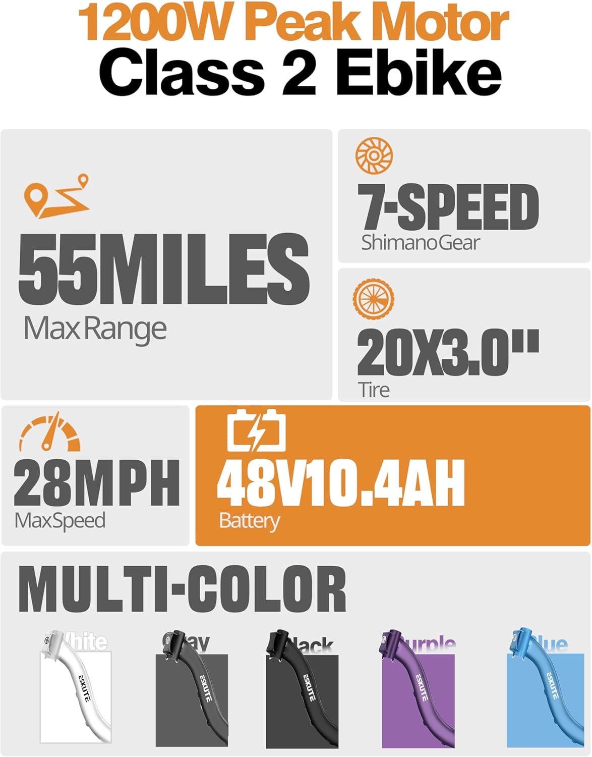 ESKUTE Electric Bike for Adults – 1200W Peak Motor, Folding 20x3 Fat Tire E‑Bike, 48V 10.4Ah Battery, Step‑Through Cargo Fold Ebike, NFC Unlock, 28 MPH, 7‑Speed, Up to 55 Miles