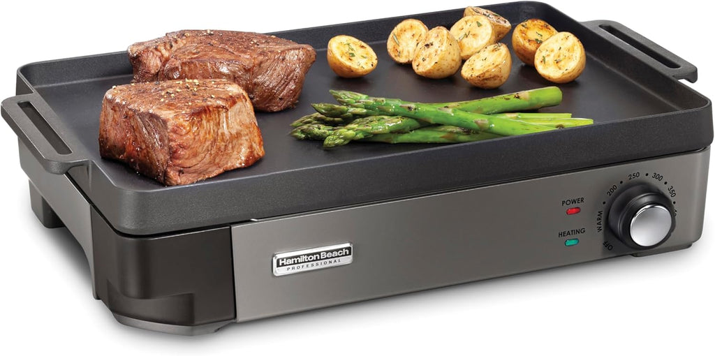 Hamilton Beach Professional Cast Iron Indoor Electric Grill & Griddle, 10' x 16' Preseasoned Cooking Surface, Adjustable Temperature up to 450° F, Black (38560)