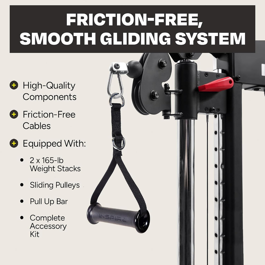 Inspire Fitness FT1 Functional Trainer with Bench - Compact at Home Workout Machine with Accessories - Two 165 lb Weight Stacks - Smooth Glide Cable Machine with Weight Bench