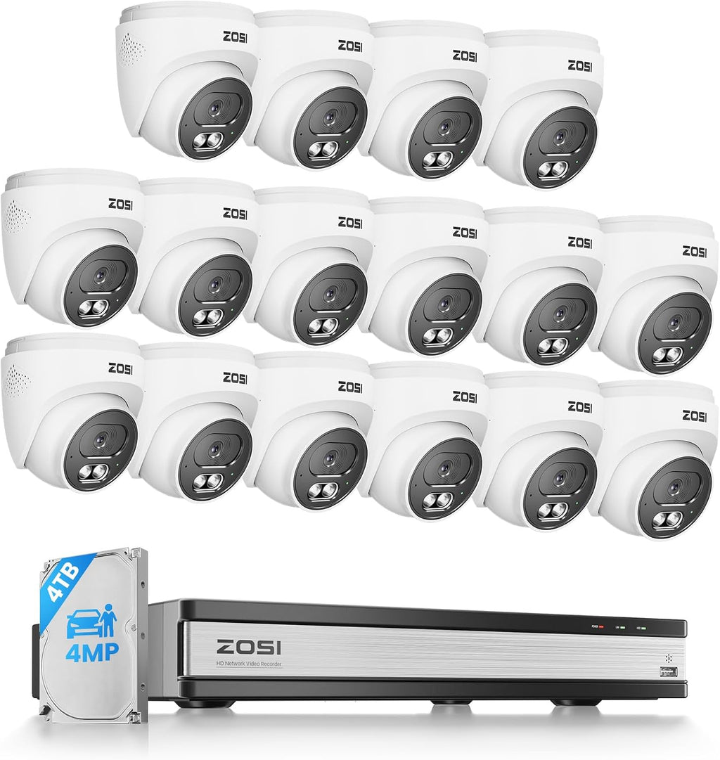 ZOSI C220 16CH 4K PoE Home Security Camera System, 16CH 8MP 4K NVR with 4TB HDD for 24/7 Record, 16 x 4MP(1440p) QHD 2.5K Dome IP Cameras Outdoor Indoor, Smart AI Human Detection, Two-Way Audio