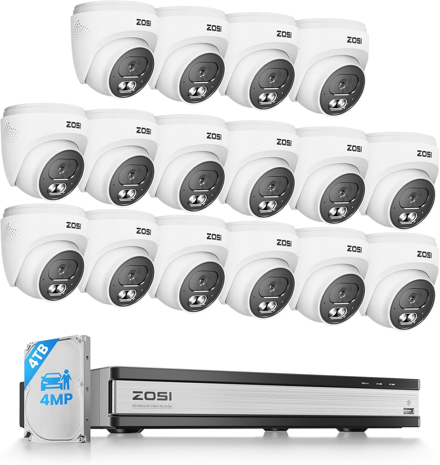 ZOSI C220 16CH 4K PoE Home Security Camera System, 16CH 8MP 4K NVR with 4TB HDD for 24/7 Record, 16 x 4MP(1440p) QHD 2.5K Dome IP Cameras Outdoor Indoor, Smart AI Human Detection, Two-Way Audio