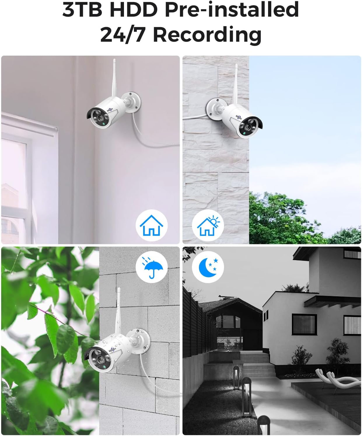 [100ft] Hiseeu Wireless WiFi Security Camera System, Wired Plug-in Powered, Expandable 16CH 4K NVR, 4Pcs 3MP Night Vision Cameras Home Surveillance Outdoor, Motion Detection, 1TB HDD, One-Way Audio