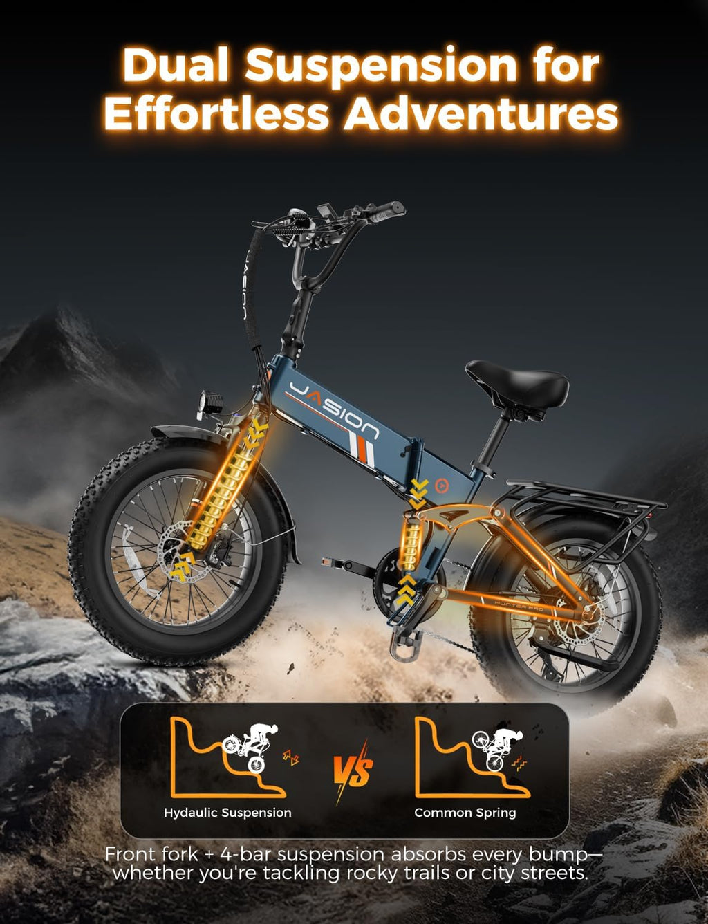 Jasion X Hunter/PRO Electric Bike for Adults,1800W/1400W Peak 20''Fat Tire Foldable Ebike,Folding E Bike Up to 80/70 Miles Range,720/624WH Removable Battery,30 MPH E Bike,Certified by UL2849