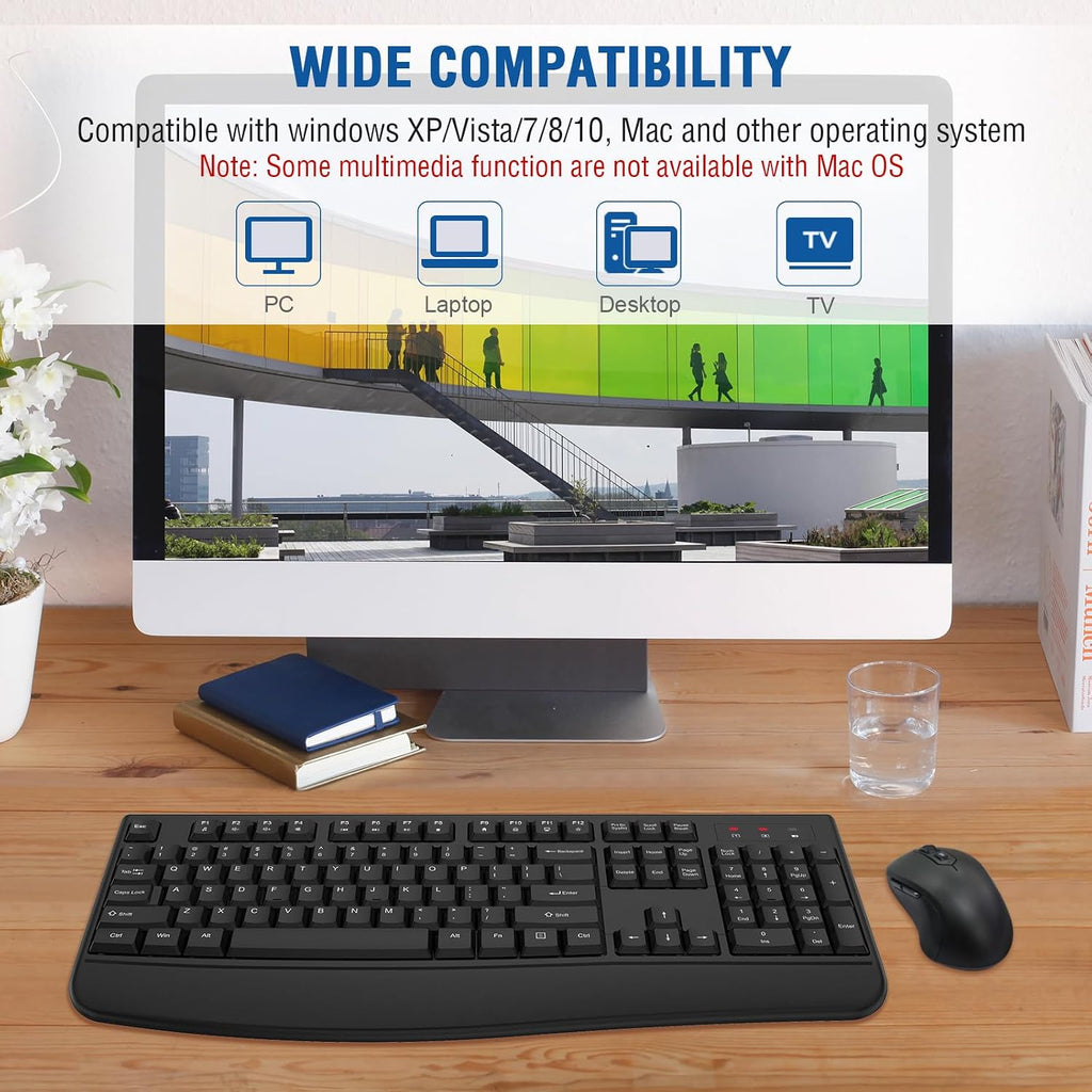 Wireless Keyboard and Mouse Combo, EDJO 2.4G Full-Sized Ergonomic Computer Keyboard with Wrist Rest and 3 Level DPI Adjustable Wireless Mouse for Windows, Mac OS Desktop/Laptop/PC(8 Pack)