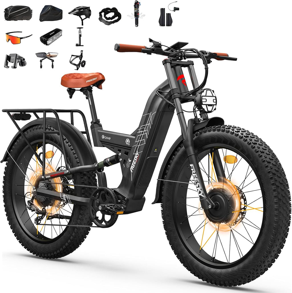FREESKY 4000W Dual Motor Electric Bike for Adults, 48V 30AH Samsung Cells Battery 120Miles Range, 40MPH AWD Fast E-Bike, 26' Fat Tire Full Suspension Electric Mountain Bike, UL2849 Certified by TÜV