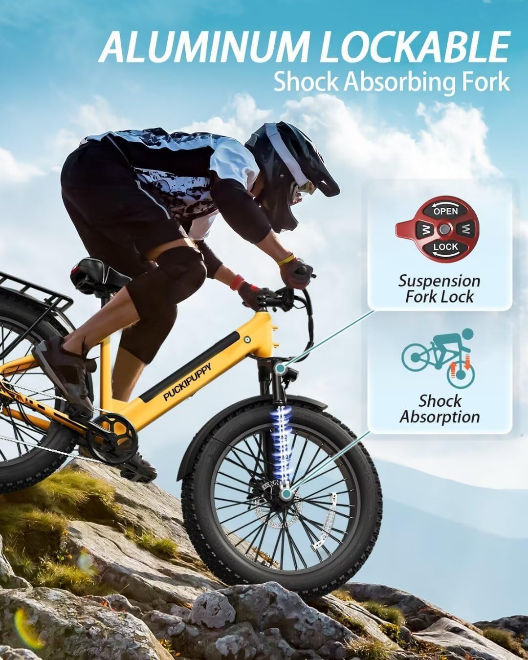 PUCKIPUPPY Electric Bike for Adults 960W Peak, 48V 15AH Removable Battery Electric Bicycle, 28MPH Commuter E-Bike, 7 Speed, Up to 60 Miles,All Terrain 26' Fat Tire Front Suspension, Samoyed