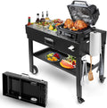 Foldable Grill Cart for Blackstone 17/22, Ninja Woodfire OG700, Ooni Pizza Oven – Portable Grill Table with Wheels, Dual-Shelf BBQ Prep Station with Caddy & Hooks, Compact Camping Griddle Stand
