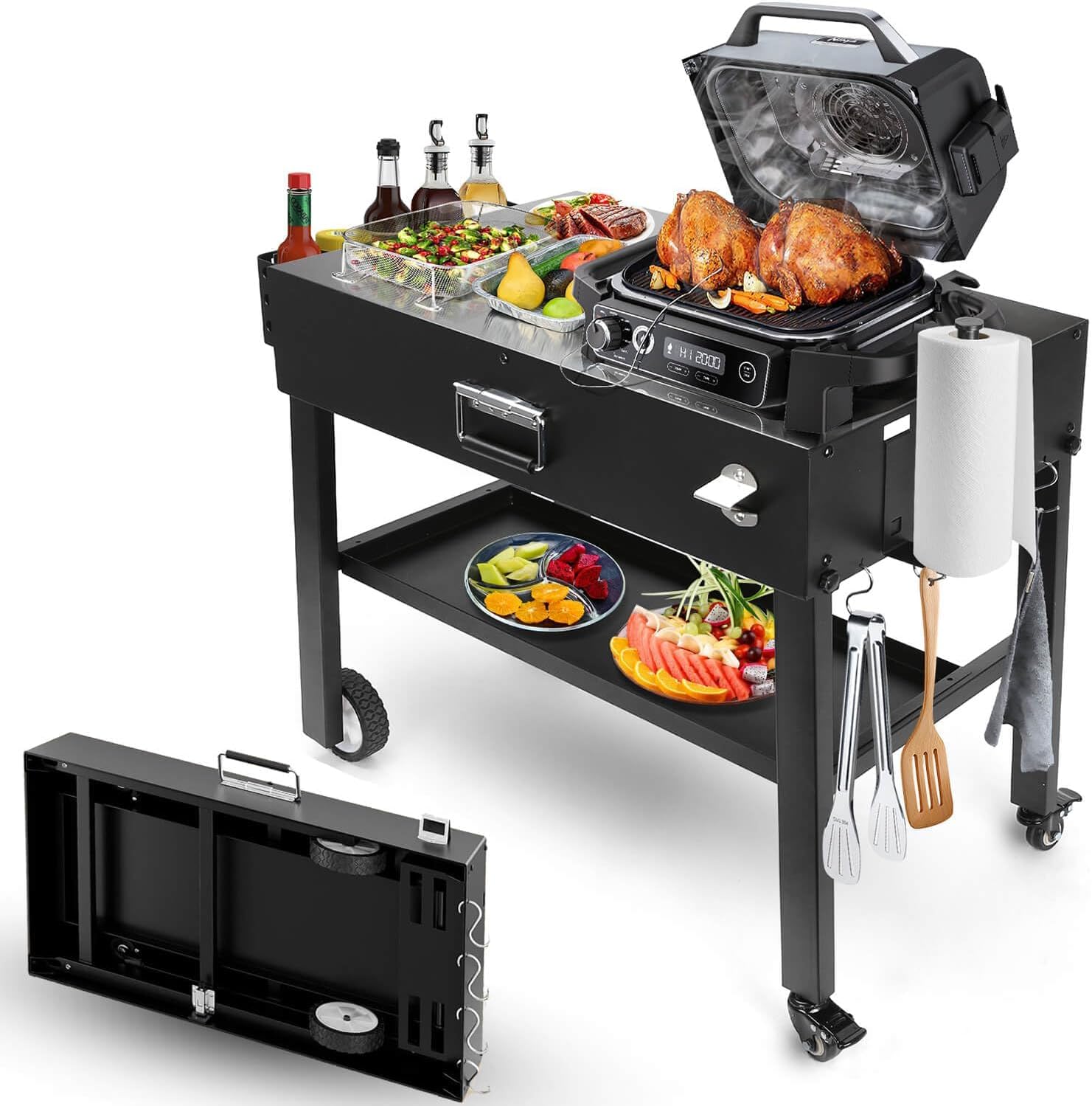 Foldable Grill Cart for Blackstone 17/22, Ninja Woodfire OG700, Ooni Pizza Oven – Portable Grill Table with Wheels, Dual-Shelf BBQ Prep Station with Caddy & Hooks, Compact Camping Griddle Stand