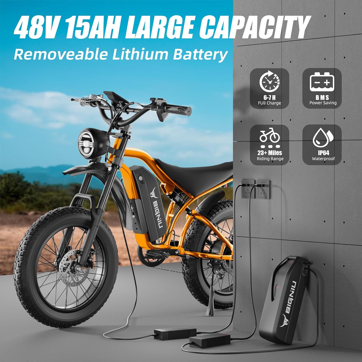 BIGNIU Electric Bike for Adults – 20' Fat Tire, Peak 1200W Motor, 48V 15A Battery, 7-Speed, Dual Disc Brakes for Off-Road and City Riding BG-S