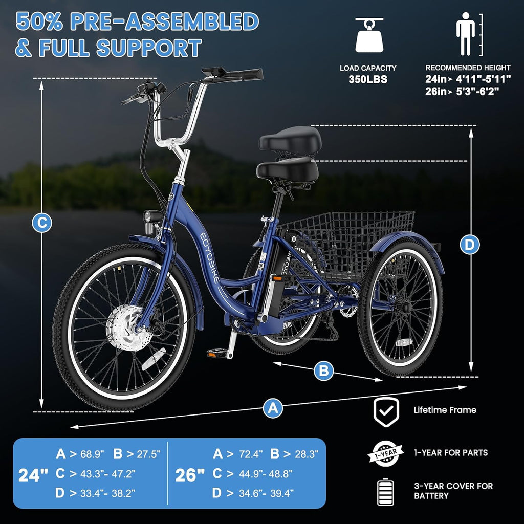 MOONCOOL Adult Electric Tricycle, 350W Front Drive Motor (Peak 700W), 15.5MPH E-Trike, Removable 36V 10.4Ah Battery, Max 60 Miles, 7-Speed 3 Wheel Electric Bike