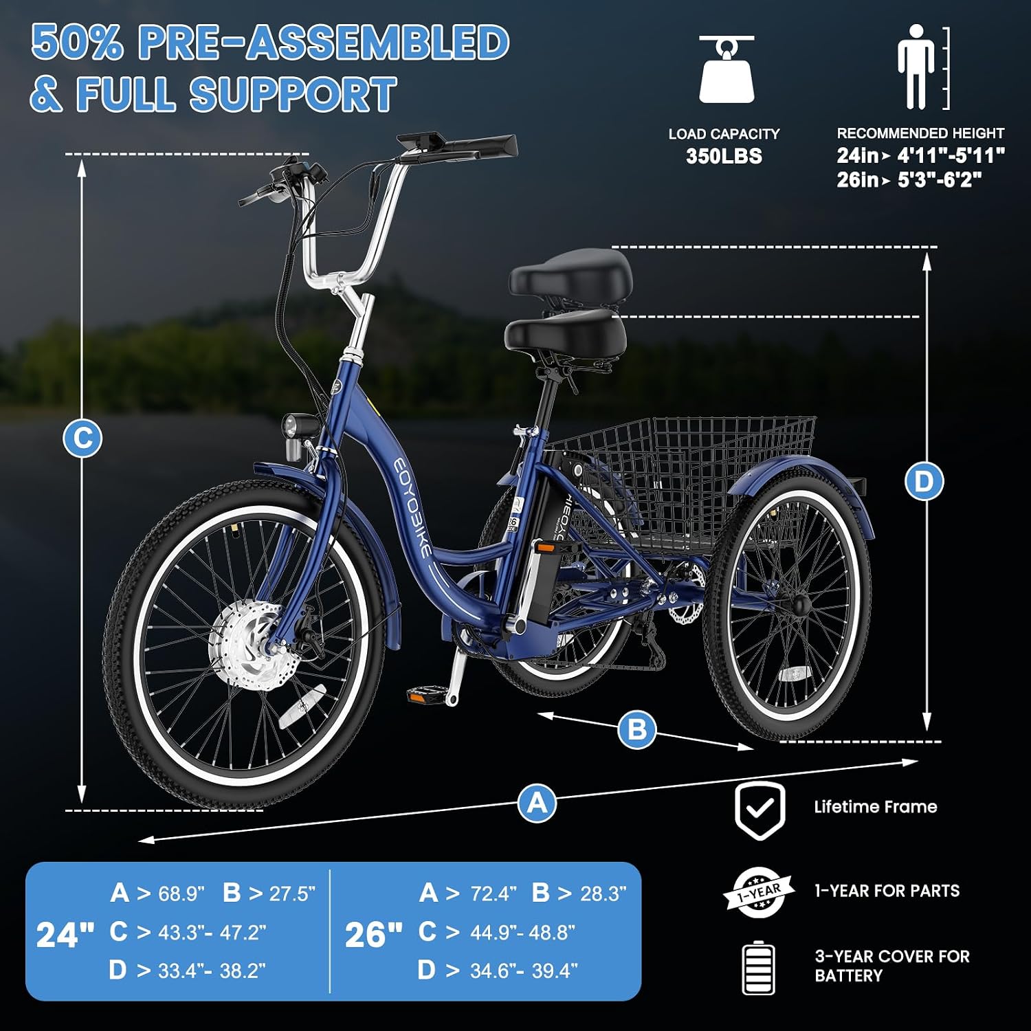 MOONCOOL Adult Electric Tricycle, 350W Front Drive Motor (Peak 700W), 15.5MPH E-Trike, Removable 36V 10.4Ah Battery, Max 60 Miles, 7-Speed 3 Wheel Electric Bike