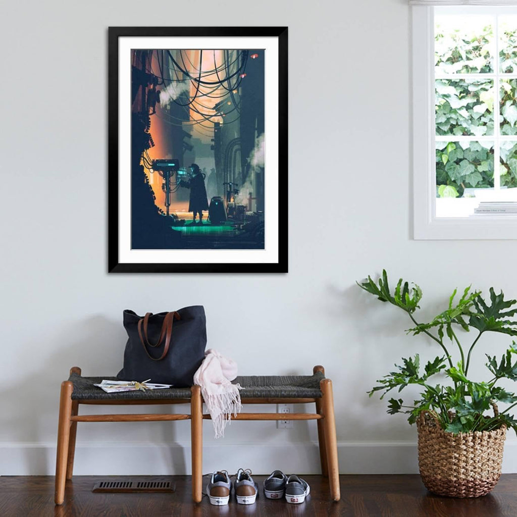 ART.COM Wall Art Print Sci-Fi Scene of Robot Using Futuristic Computer in City Street,Illustration Painting on Black Frame by Tithi Luadthong, 32' x 44'