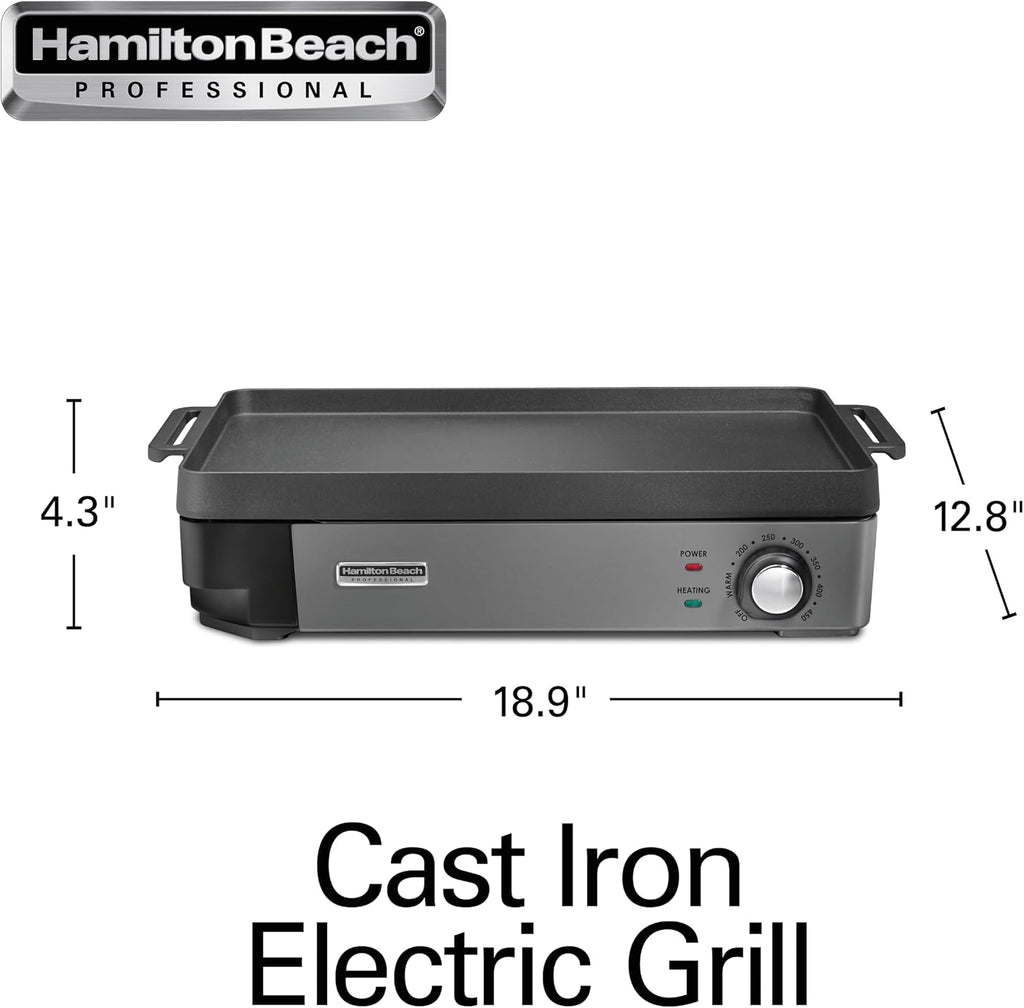 Hamilton Beach Professional Cast Iron Indoor Electric Grill & Griddle, 10' x 16' Preseasoned Cooking Surface, Adjustable Temperature up to 450° F, Black (38560)