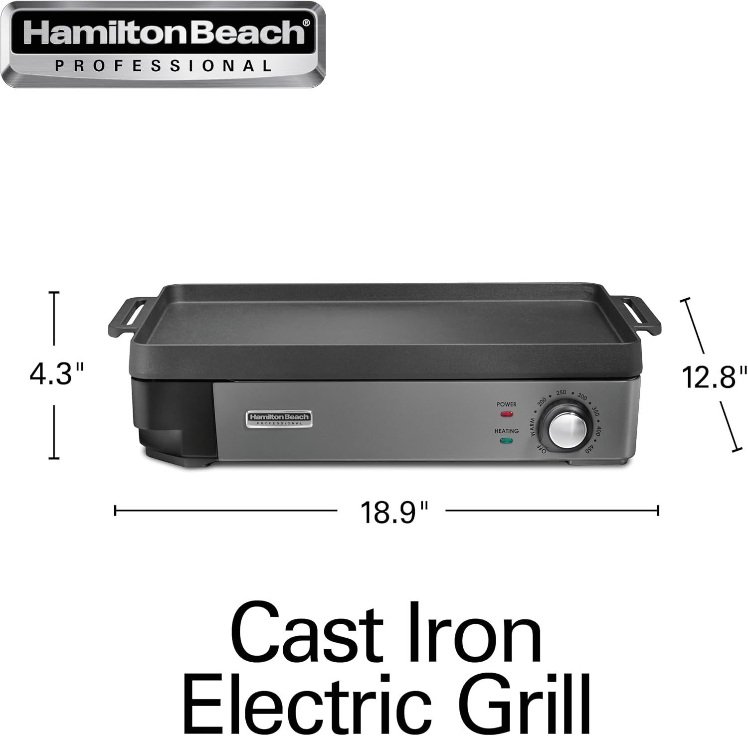 Hamilton Beach Professional Cast Iron Indoor Electric Grill & Griddle, 10' x 16' Preseasoned Cooking Surface, Adjustable Temperature up to 450° F, Black (38560)