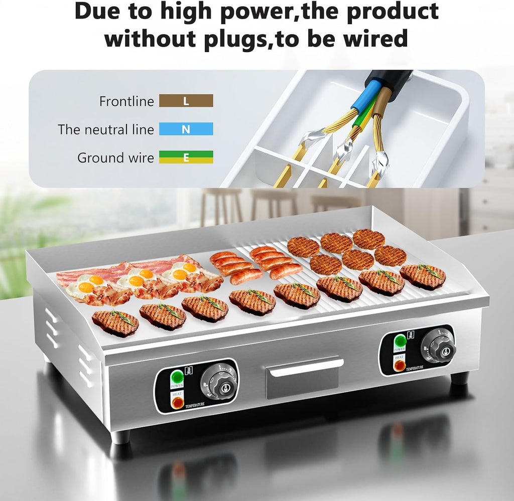 29' Commercial Electric Countertop Griddle,110V 3000W Flat Top Grill Hot Plate BBQ,Adjustable Thermostatic Control 122°F-572°F,Stainless Steel Restaurant Grill for Kitchen(NO PLUG)