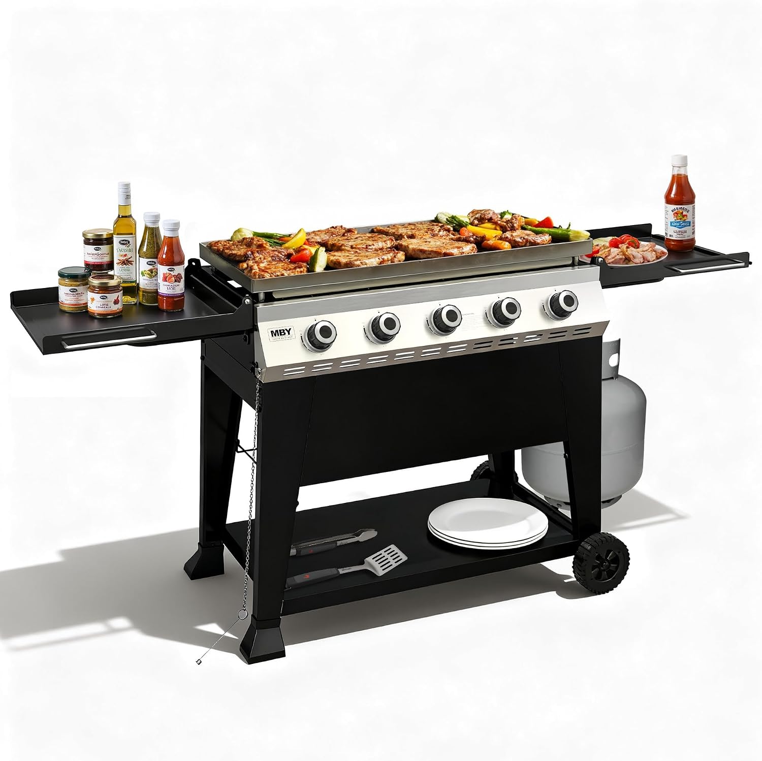 36 Inch Outdoor Flat Top Gas Propane Griddle with 5 Burners 50,000BTU,Powder Coated Steel Portable Gas Grill with Side Shelves for BBQ,Camping,Backyard