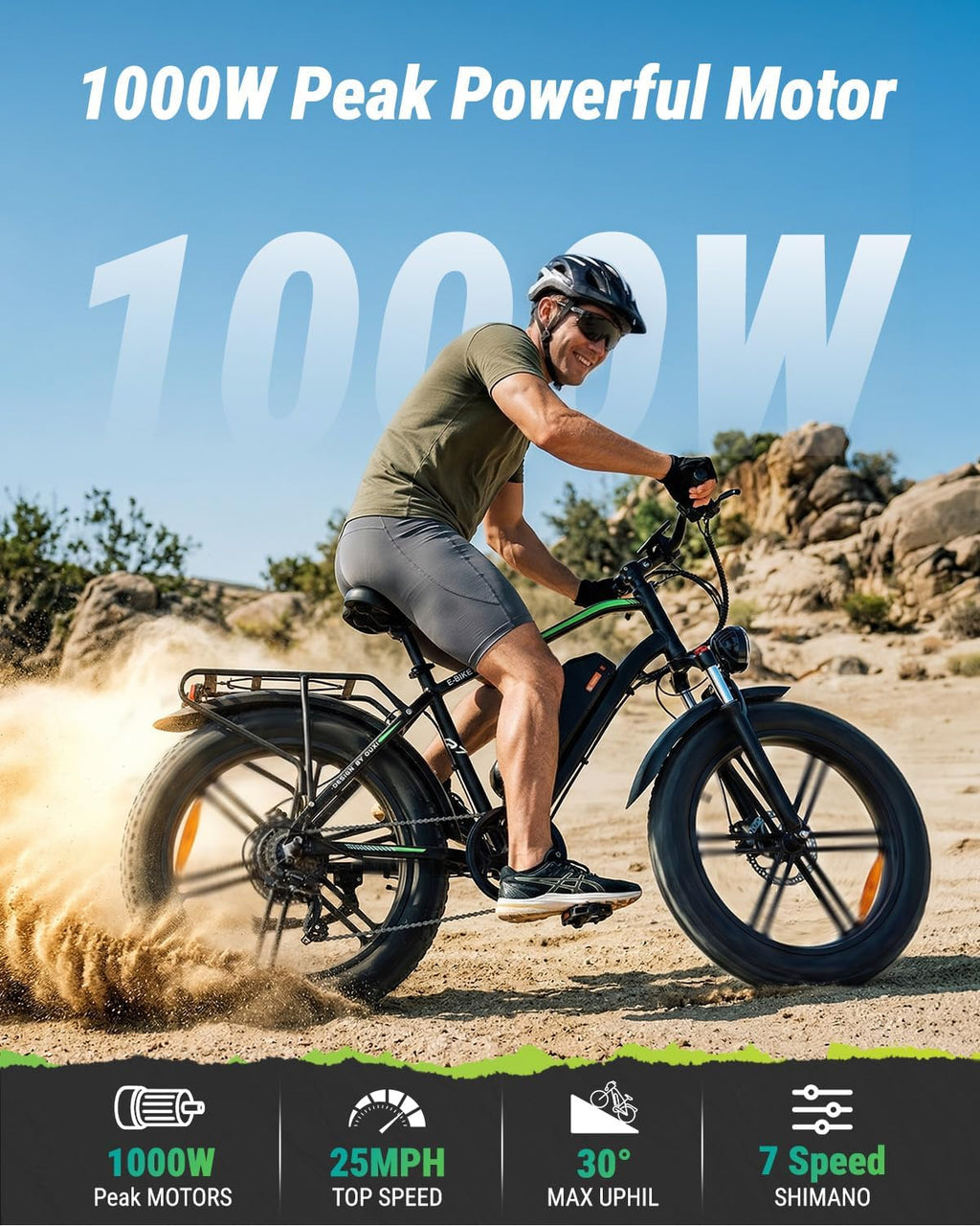 OUXI Electric Bike for Adults, 1000W Peak Electric Mountain Bicycle 48V13Ah Removable Battery, 20″ Fat Tire Ebike with Adjustable Seat, Rear Rack, UL 2849 Certified