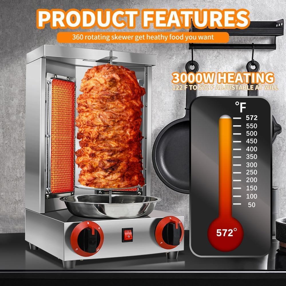 Li Zhen Shawarma Machine Gas Vertical Doner Kebab Machine Shawarma grill Vertical Rotisserie Machine Propane Vertical Broiler with 2 Burner and Meat Catch Pan for Kitchen,(Patented Product)
