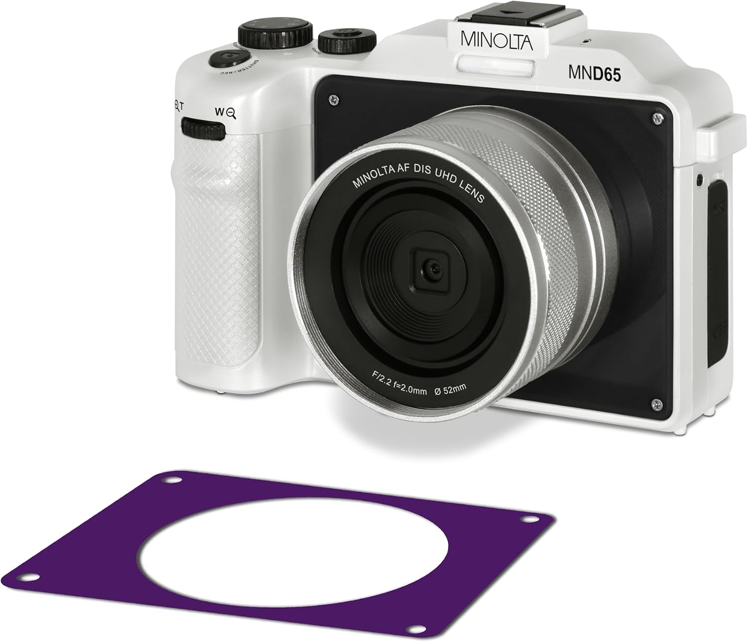 Minolta Digital Camera – 56MP Photos, 4K 60FPS Video, Dual-Lens Selfie Design, 18X Zoom, Wi-Fi, RAW/JPEG Capture, 3' LCD, Replaceable Faceplates (Black & Purple), Compact Travel Camera (White)