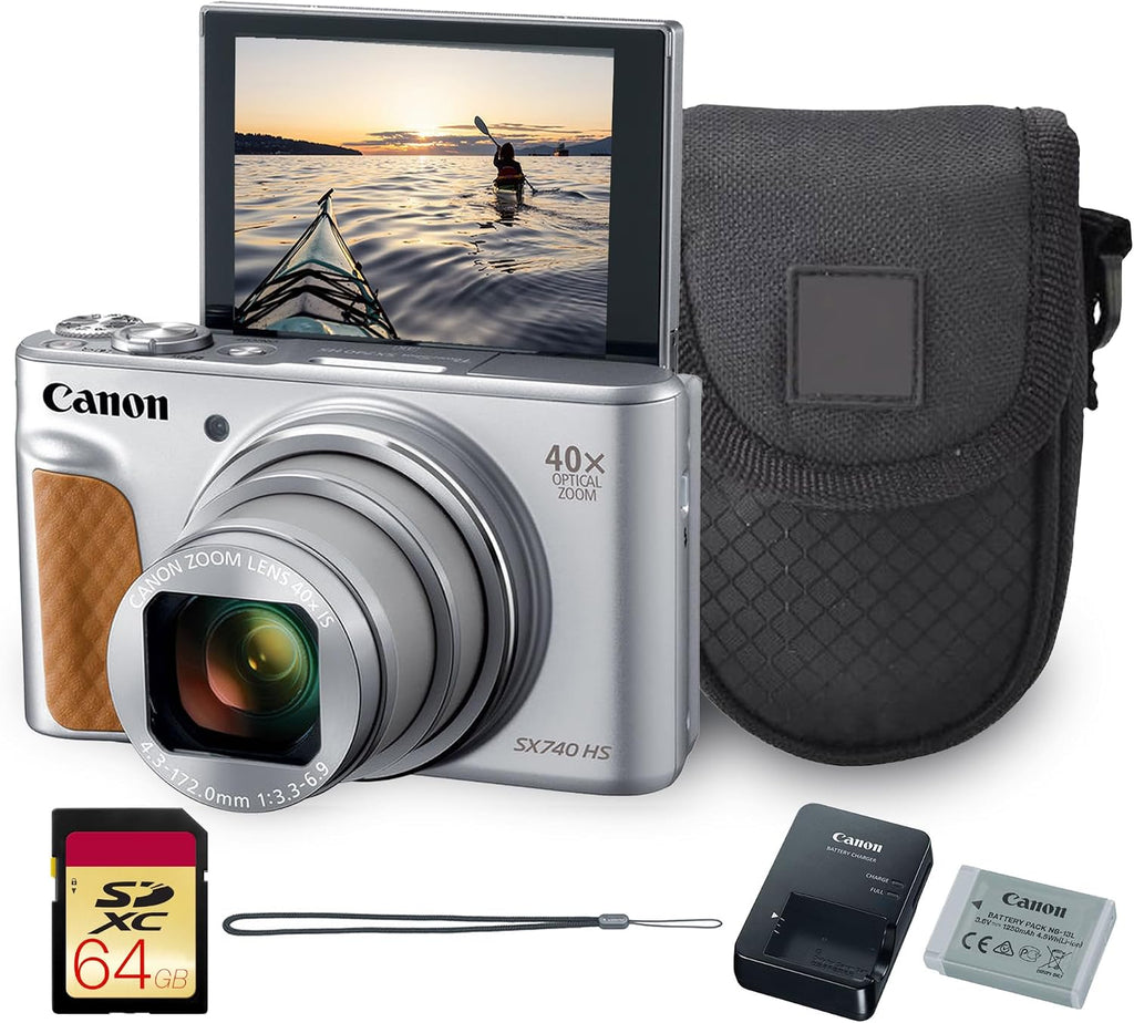 Canon PowerShot SX740 HS Digital Camera (Silver) – 20.3MP, 40x Optical Zoom, 4K UHD Video, Wi-Fi & Bluetooth, Compact Travel Point & Shoot (2956C001) + Bag + 64GB Memory Card