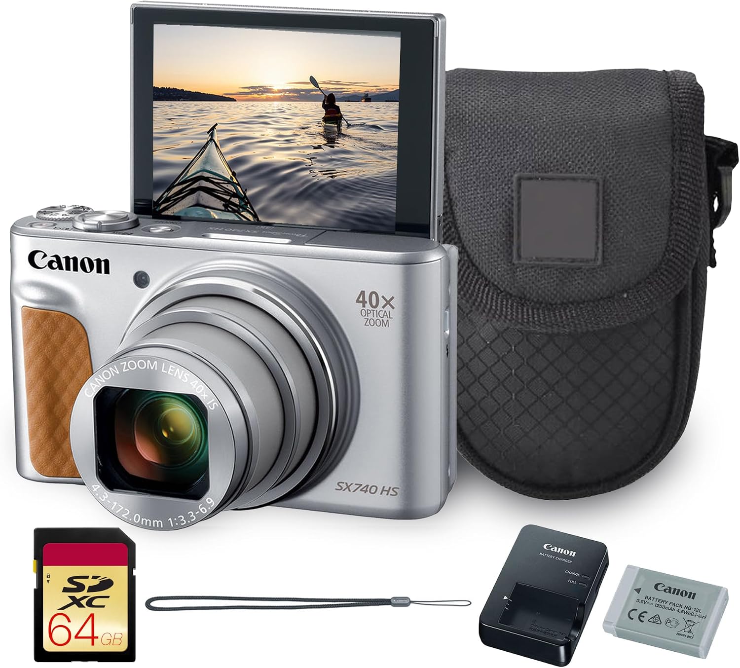 Canon PowerShot SX740 HS Digital Camera (Silver) – 20.3MP, 40x Optical Zoom, 4K UHD Video, Wi-Fi & Bluetooth, Compact Travel Point & Shoot (2956C001) + Bag + 64GB Memory Card