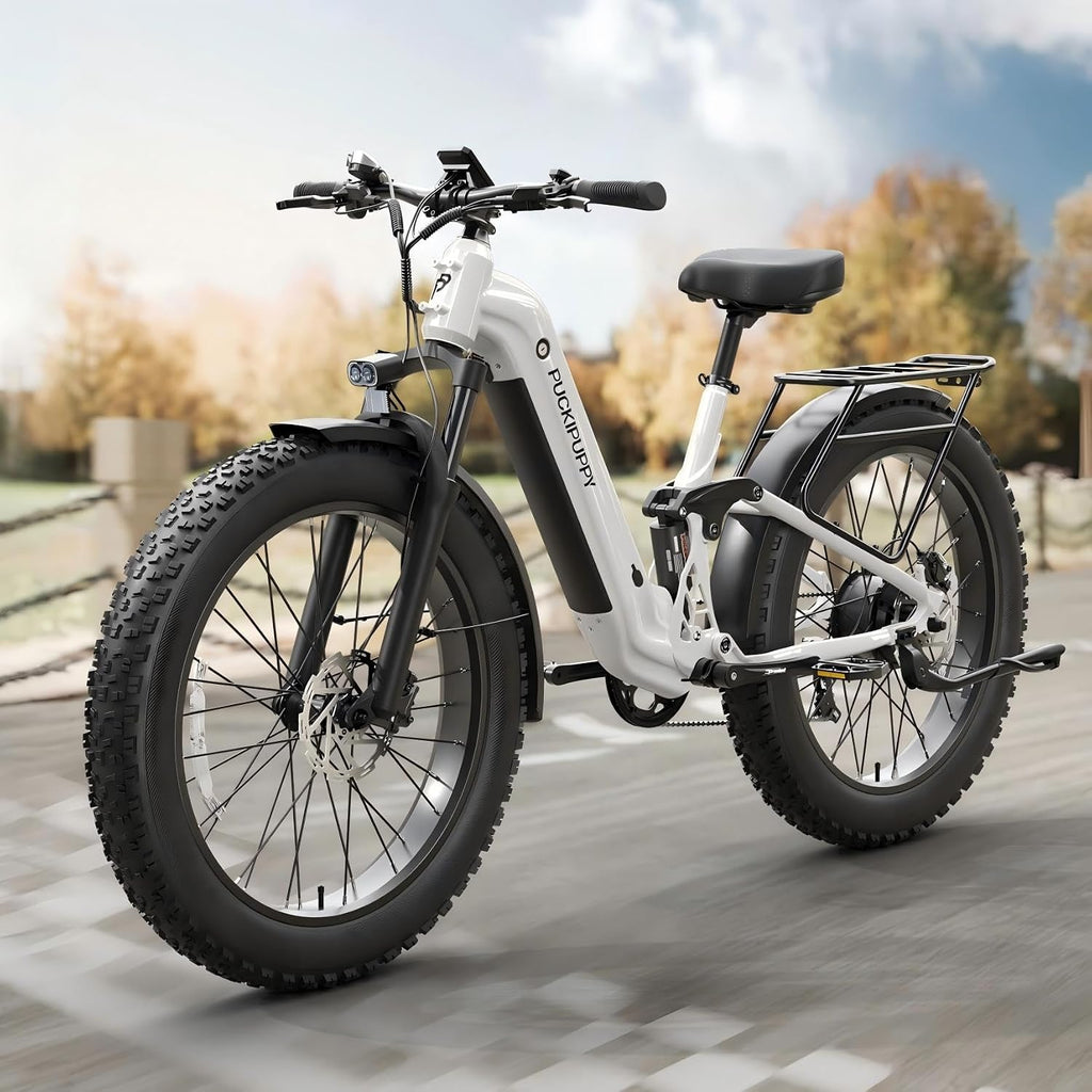 PUCKIPUPPY Electric Bike for Adults 960W, 48V 20AH Battery Adult Electric Bicycles, 26' Fat Tire Full Suspension Step-Thru Ebike, 28MPH Mountain Ebike, 7 Speed, 80Miles Range-Pearl White