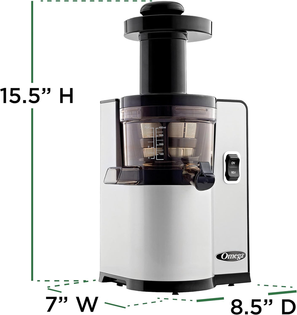 Omega Juicer Cold Press Vertical 43 RPM Slow Masticating Compact Juice Extractor for Fruits and Vegetables Quiet Operation with 3 Stage Auger Automatic Pulp Ejection and No-Drip Tap, 150-Watts, Silver