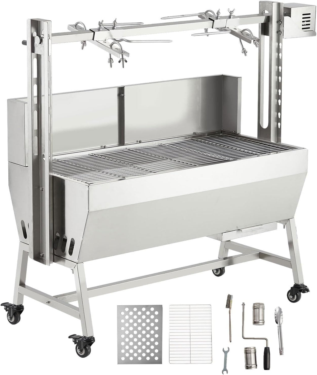 Stainless Steel Automatic Rotisserie Grill with Wind Screen, 37in 132LB Capacity Electric BBQ Pig Lamb Rotisserie Roaster 50W Motor, Charcoal Spit Roaster Grill for Outdoor Kitchen, Camping