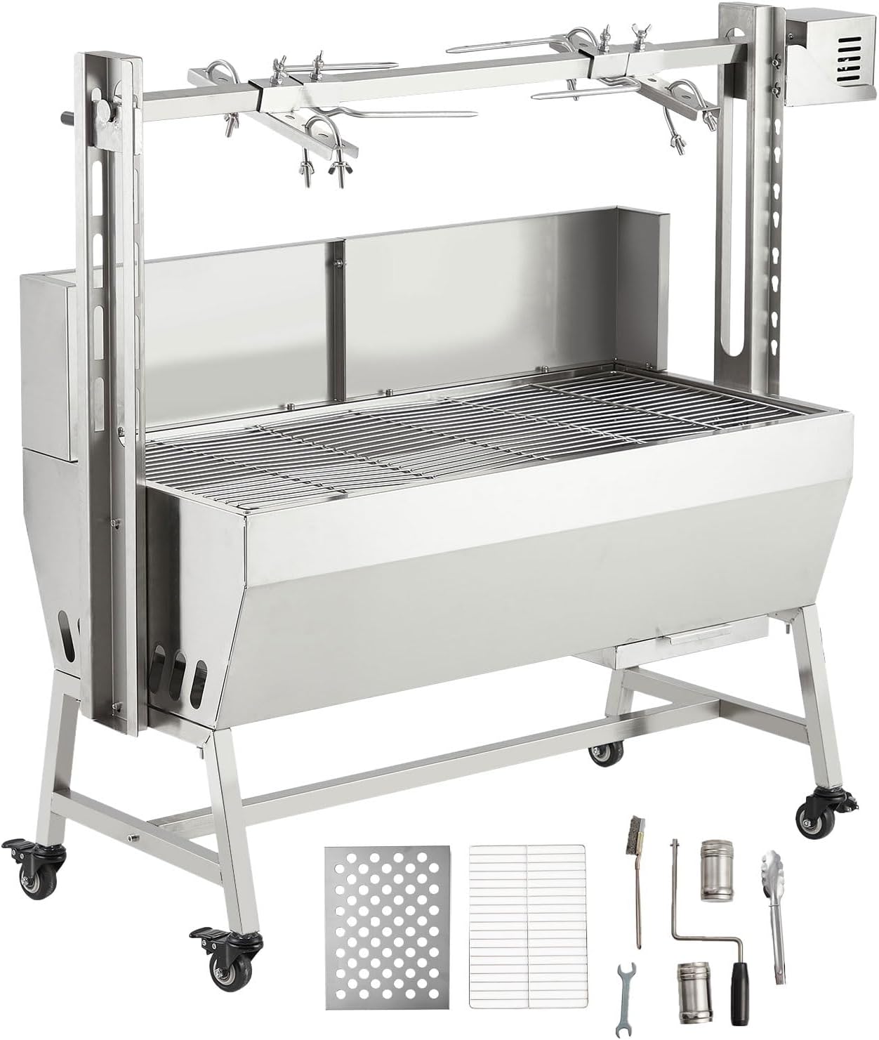 Stainless Steel Automatic Rotisserie Grill with Wind Screen, 37in 132LB Capacity Electric BBQ Pig Lamb Rotisserie Roaster 50W Motor, Charcoal Spit Roaster Grill for Outdoor Kitchen, Camping
