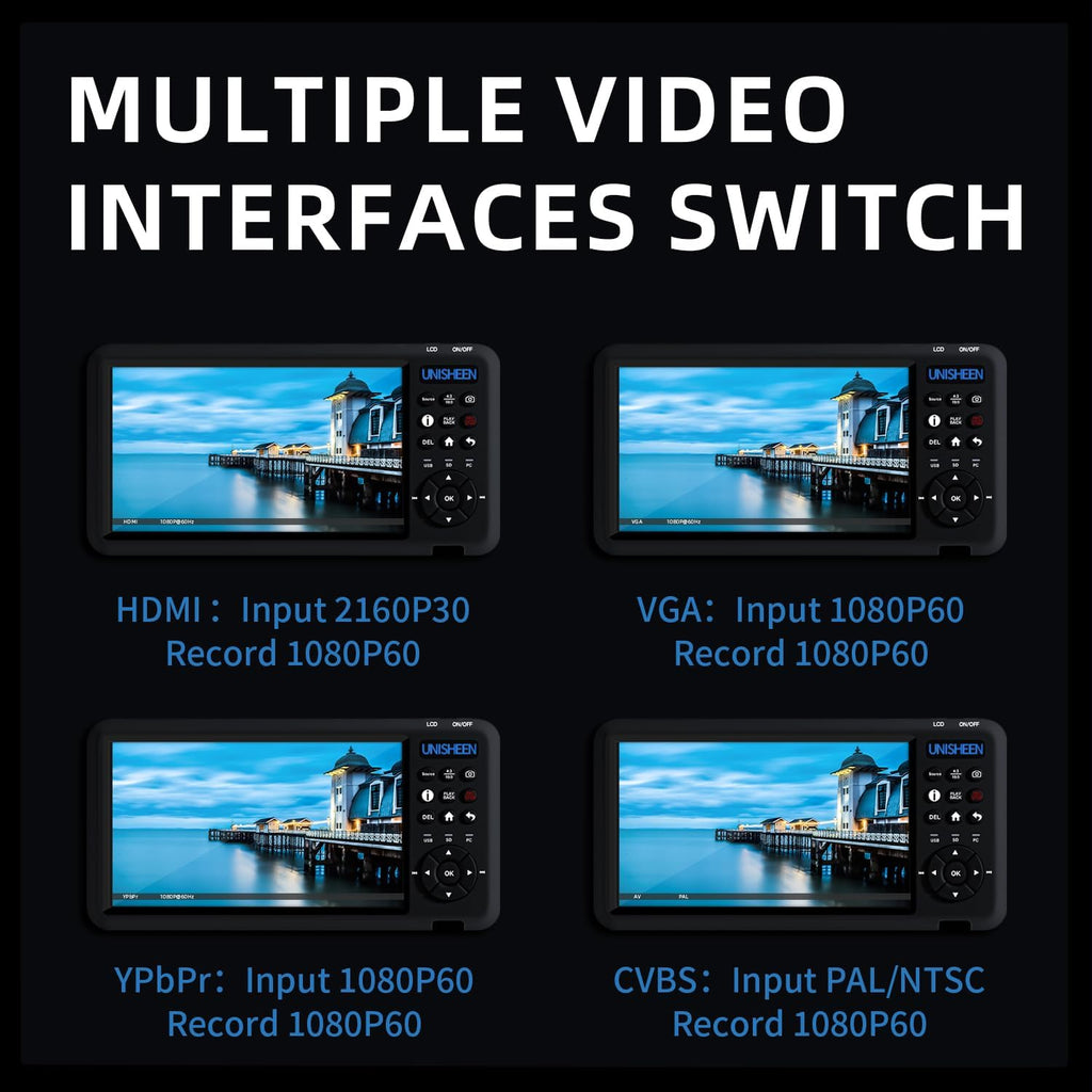 Video Recorder 1080P 60FPS USB2.0 with 7' Screen, DVI/HDMI/CVBS/VGA/YPBPR Capture from VCR, DVD, VHS Tapes, Camcorders, Hi8 - No Computer Required