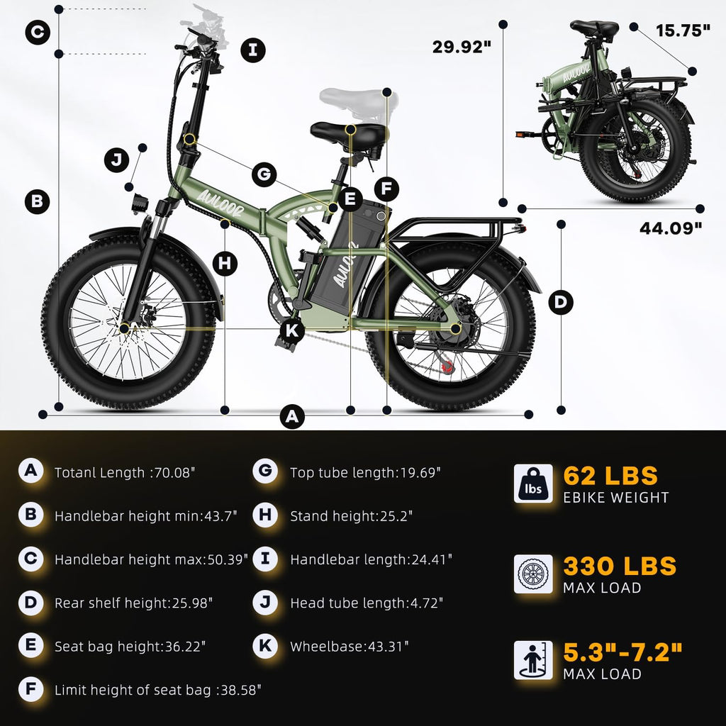 Foldable Electric Bike for Adults, 48V 20Ah Removable Lithium Battery up to 80Miles, 20' Fat Tire 1000W Peak Motor Dirt Ebike Adult Electric Bicycle for Commute Beach Mountain E Bike