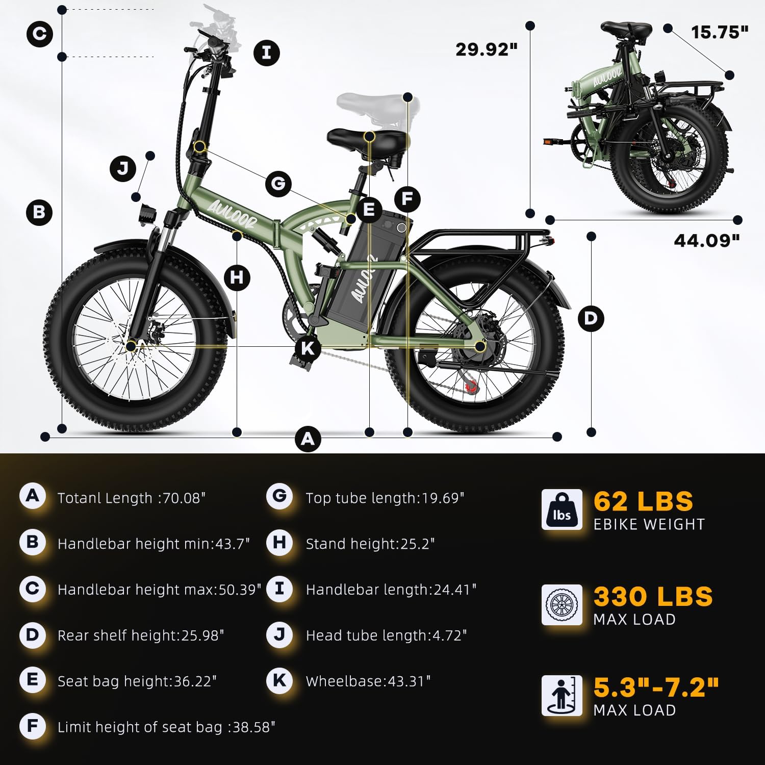 Foldable Electric Bike for Adults, 48V 20Ah Removable Lithium Battery up to 80Miles, 20' Fat Tire 1000W Peak Motor Dirt Ebike Adult Electric Bicycle for Commute Beach Mountain E Bike