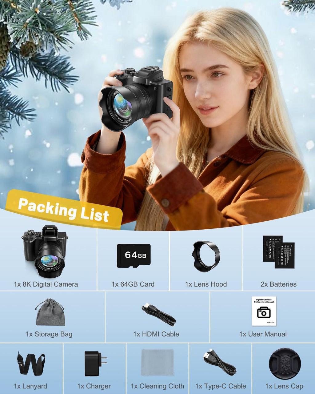 8K Digital Cameras for Photography, 88MP WiFi Vlogging Camera for YouTube Autofocus with 3.2' Touch Screen,Dual Camera,Flash,16X Digital Zoom Travel Cameras Anti Shake with 64GB Card,2 Batteries