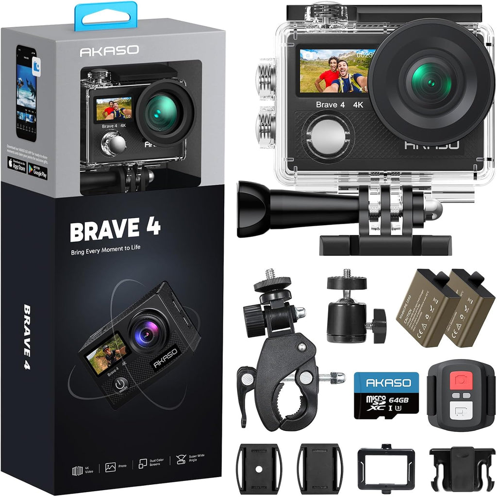 AKASO Brave 4 Action Camera with 64GB MicroSDXC U3 Card 4K30FPS 20MP Ultra HD 131FT Waterproof Underwater Camera EIS WiFi Remote Control 5X Zoom Sport Camera with Motorcycle Bicycle Accessories Kit