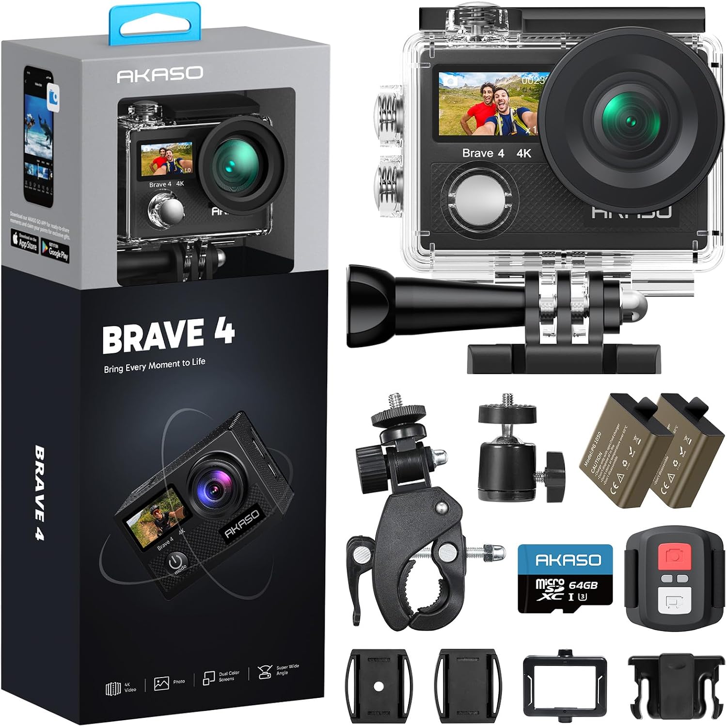 AKASO Brave 4 Action Camera with 64GB MicroSDXC U3 Card 4K30FPS 20MP Ultra HD 131FT Waterproof Underwater Camera EIS WiFi Remote Control 5X Zoom Sport Camera with Motorcycle Bicycle Accessories Kit