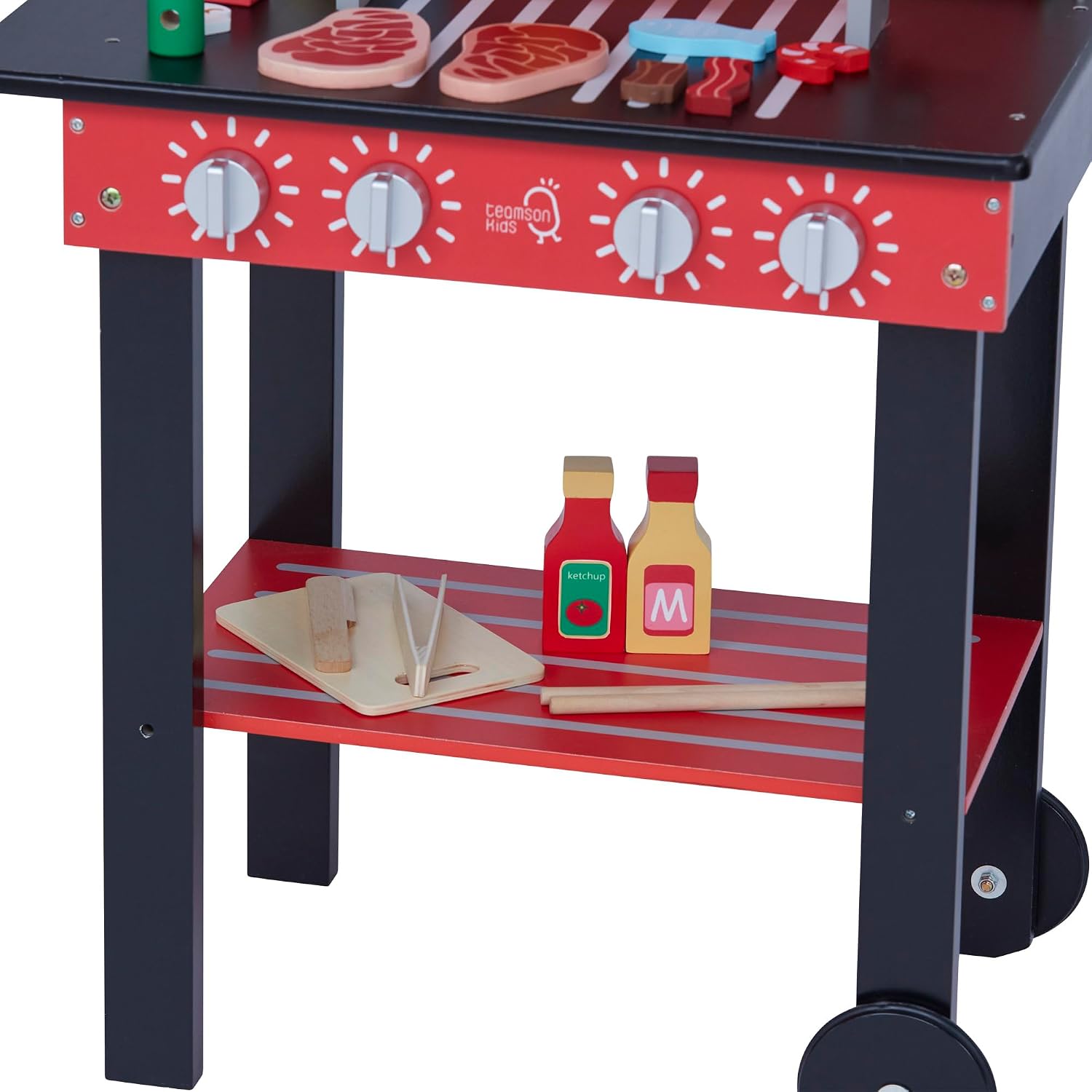 Teamson Kids Little Helper Backyard Pretend Propane BBQ Grill Interactive Wooden Play Set with Accessories and Storage Space for Easy Clean Up, Red
